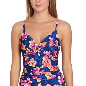 Lands End Womens Tankini Top 6 Small Navy Floral Ruched Twist Front‎ nwot